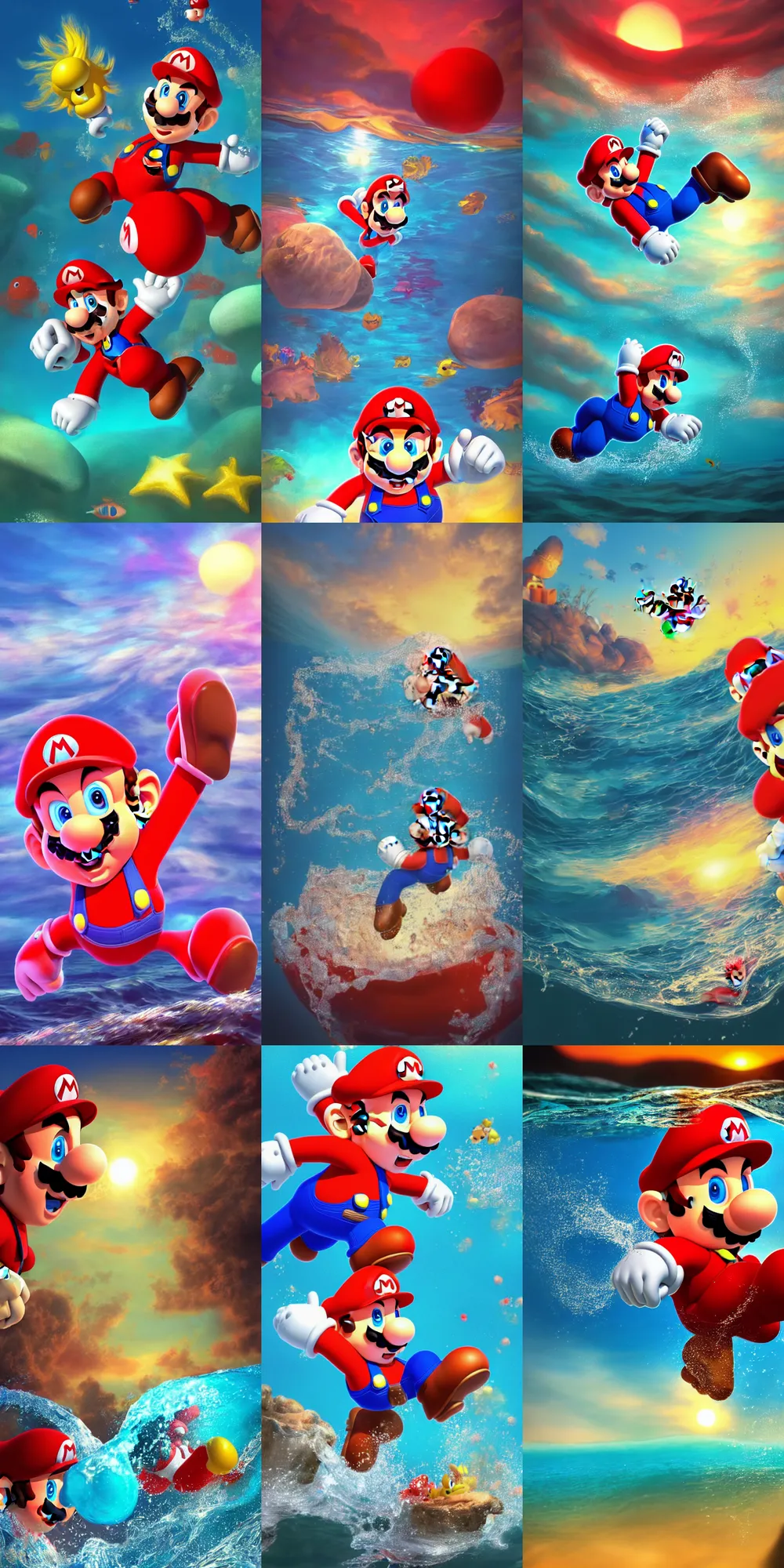 Prompt: a beautiful rendered picture of a mario from instagram in the ocean at sunset by Nick Silva, trending on artstation, 8k