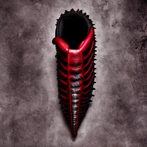 Image similar to horned HR giger esque Yeezy shoe design inspired by the red depths and torture of Hell and Satan, product photography, sneaker photo, studio lighting, professional photoshoot