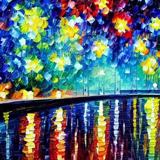 Image similar to starry night painting in the style of leonid afremov and georges seurat