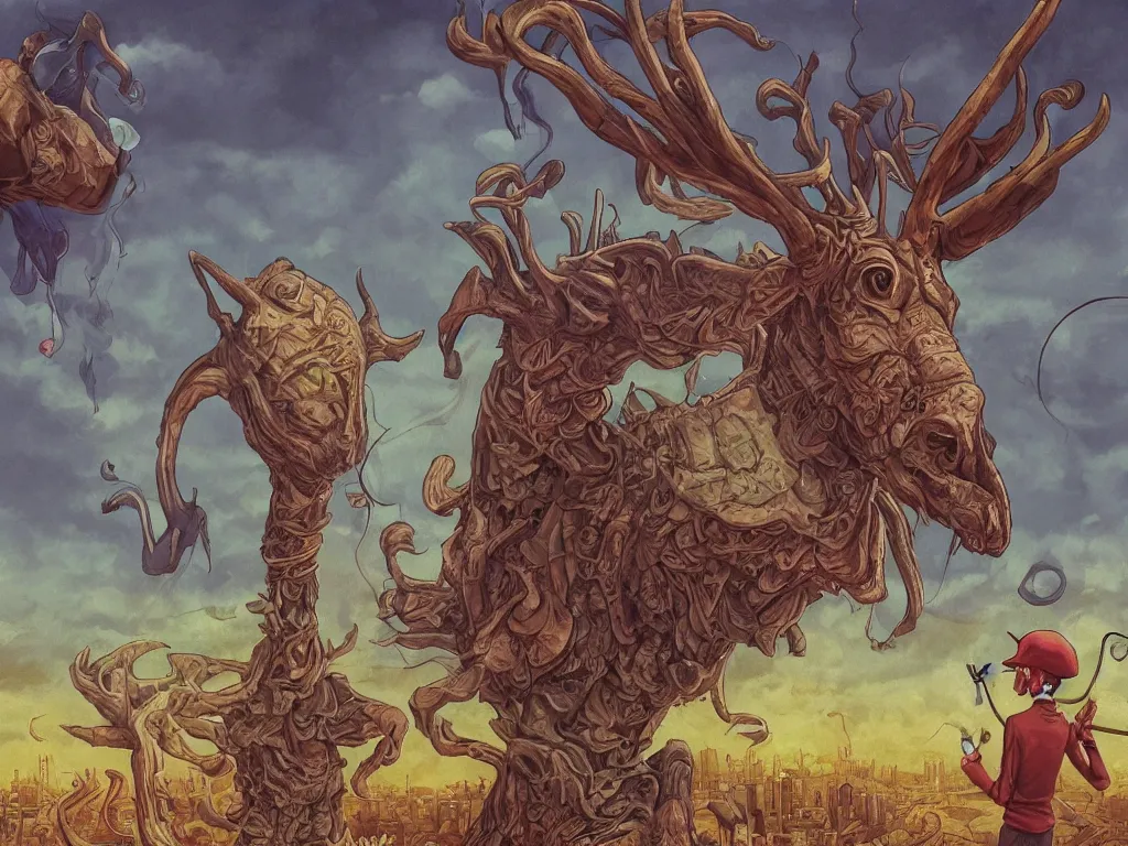 Image similar to A centered chest up portrait of a psychedelic demonic anthropomorphic mule smoking a hand-rolled cigarette smoking heavily , magic mushroom village in background , award winning. superb resolution. in the art style of junji Ito and greg rutkowski . Mule, Mule. Detailed Mushroom city in background. Hyper realistic anime. Perfect art. Dalle2