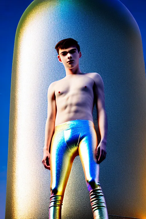 Image similar to un ultra high definition studio quality photographic art portrait of a young man standing on the rooftop of a british apartment building wearing soft baggy inflatable padded silver iridescent pearlescent clothing. three point light. extremely detailed. golden ratio, ray tracing, volumetric light, shallow depth of field. set dressed.