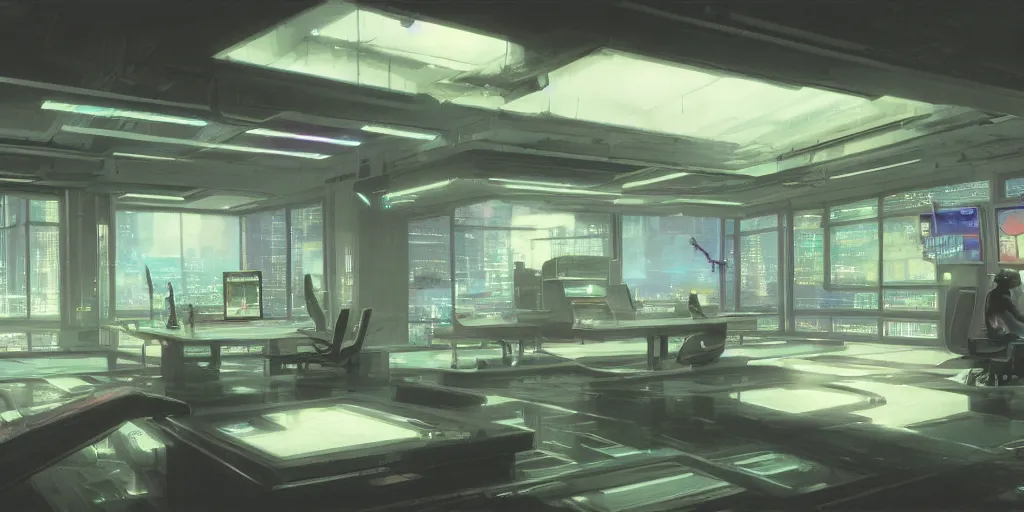 Prompt: a cyberpunk office interior with huge holographic displays everywhere, ralph maquarrie and syd mead cinematic matte painting, 4 k