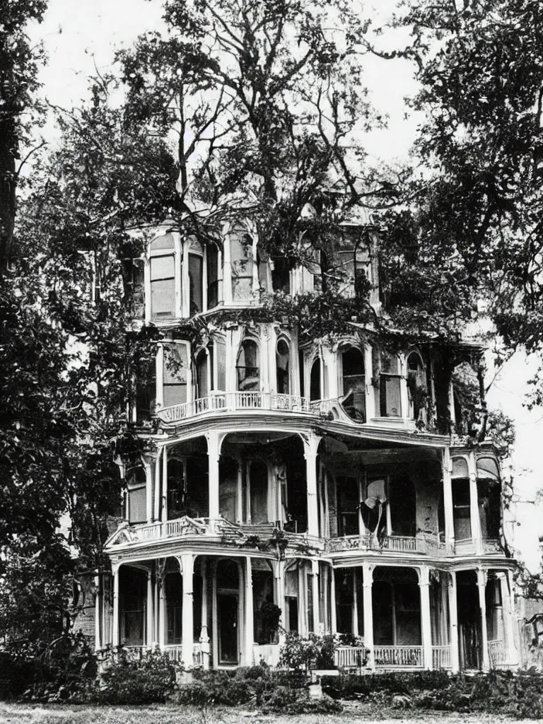 Image similar to 1970s photograph. beautiful exterior view of an old victorian house. a creepy man's face is in the window