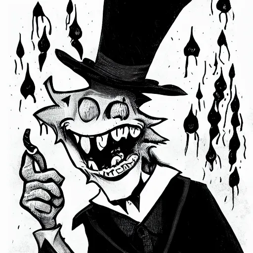 Image similar to a Pop Wonder scary horror themed goofy-hilarious-character Mad-Hatter-babadook-wearing a scarf, 3-piece-suit, dime-store-comic drawn with charcoal and pen and ink, half-tone-line-stacking