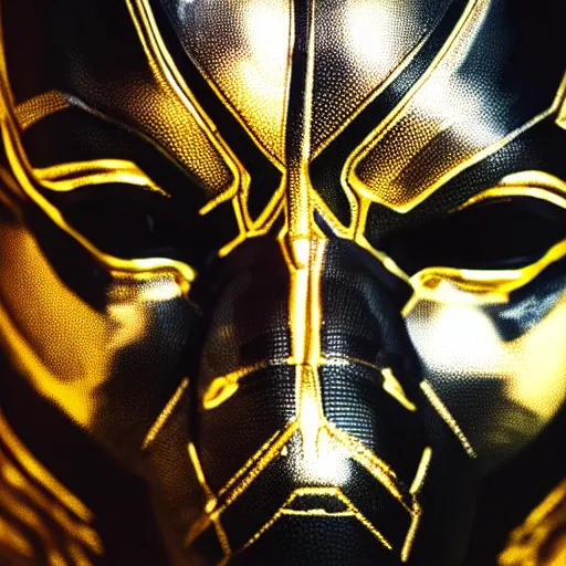 Image similar to a close up photo of a detailed golden statue of Black Panther, 8K,