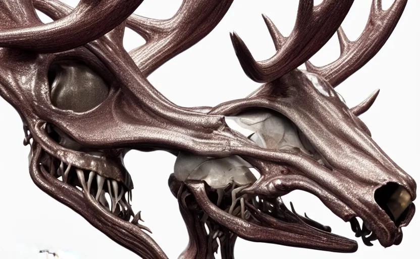 Prompt: stylized shiny polished silver statue full body bizarre cosmic horror quadruped animal moose deer skull four legs made of slug creature tendrils, perfect symmetrical body, perfect symmetrical face, hyper realistic, hyper detailed, by johannen voss, by michelangelo, octane render, blender, 8 k, displayed in pure white studio room anatomical deep red arteries veins flesh