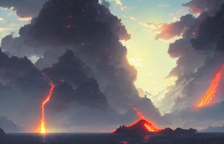 Image similar to makoto shinkai concept art of the lava bomb dimension, key visual, ambient lighting, highly detailed, digital painting, artstation, concept art, sharp focus, by makoto shinkai and akihiko yoshida and hidari and wlop and greg rutkowski