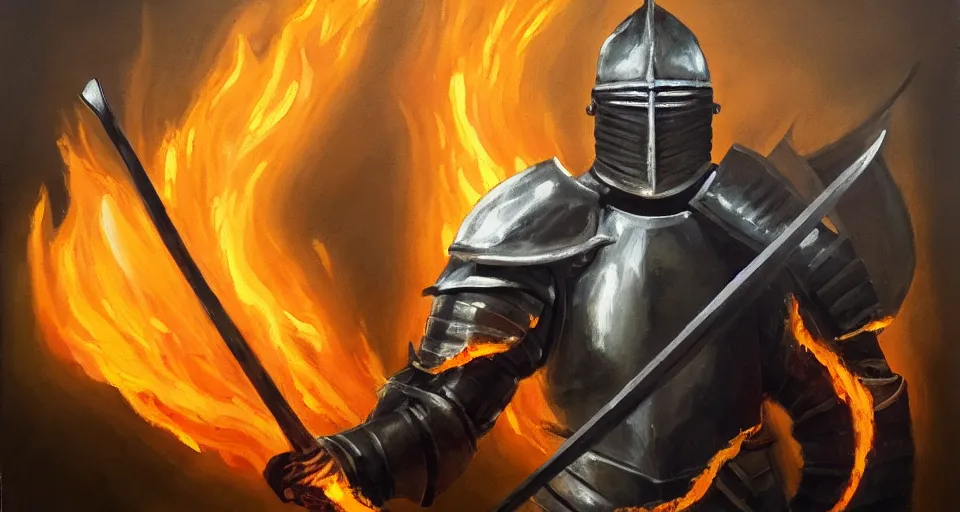 Image similar to An oil painting of a knight in dark metal armor wielding a flaming sword