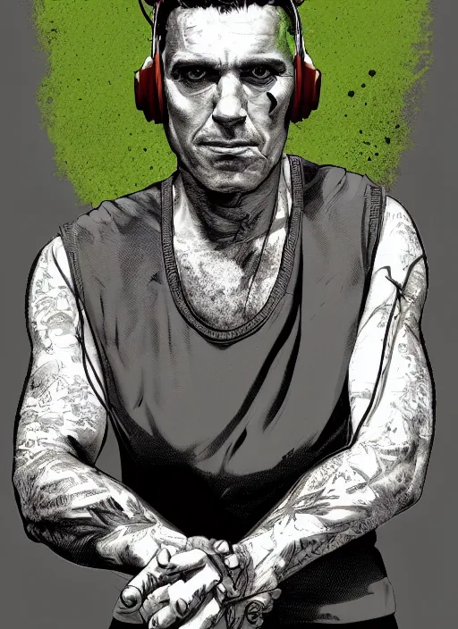 Image similar to portrait of a man with gray and green mohawk wearing a gray headset and brown tank top, gray and green mohawk, gray headset, brown tank top. art by martin ansin, martin ansin artwork. portrait.