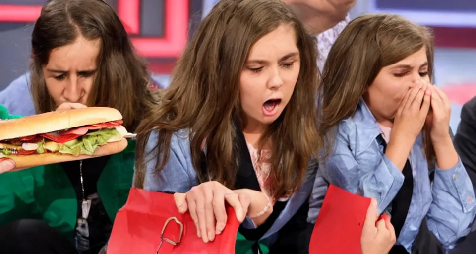 Image similar to girl opens briefcase to reveal a subway sandwich on deal or no deal, contestant is crying, photograph