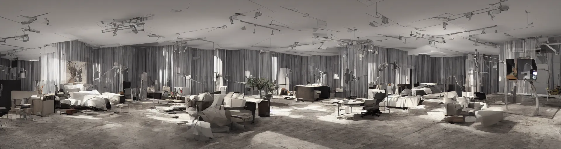 Prompt: super detailed v-ray render broadcasts studio set, architectural digest wide shot highly reflective light