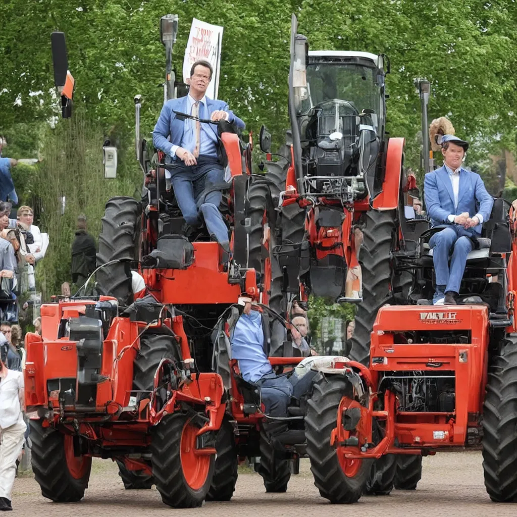 Prompt: mark rutte driving a tractor dressed as a farmer, protesting at the Hague