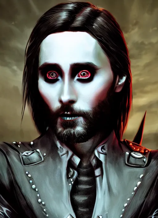 Image similar to A fantasy comic book style portrait painting of Jared Leto as a vampire race in a atmospheric dark fortress, unreal 5, DAZ, hyperrealistic, octane render, RPG portrait, ambient light, dynamic lighting