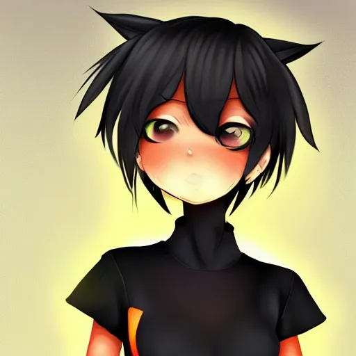 Image similar to tomboy anime girl with dark skin, black hair, wolf ears and glowing orange eyes, deviantart, artstation