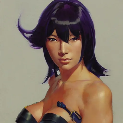 Image similar to greg manchess portrait painting of motoko kusanagi showing cybernetic parts of her body, medium shot, asymmetrical, profile picture, organic painting, sunny day, matte painting, bold shapes, hard edges, street art, trending on artstation, by huang guangjian and gil elvgren and sachin teng