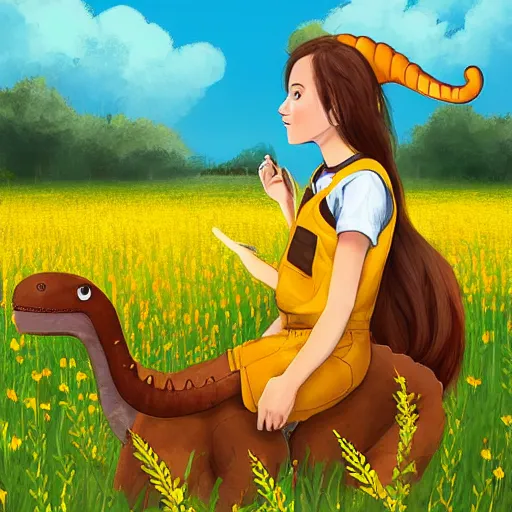 Image similar to “young woman with brown hair, animal ears and short horns, a yellow t-shirt and blue overalls riding a dinosaur in a beautiful field, lo-fi digital art, beautiful composition, trending on artstation and deviantart, masterpiece”