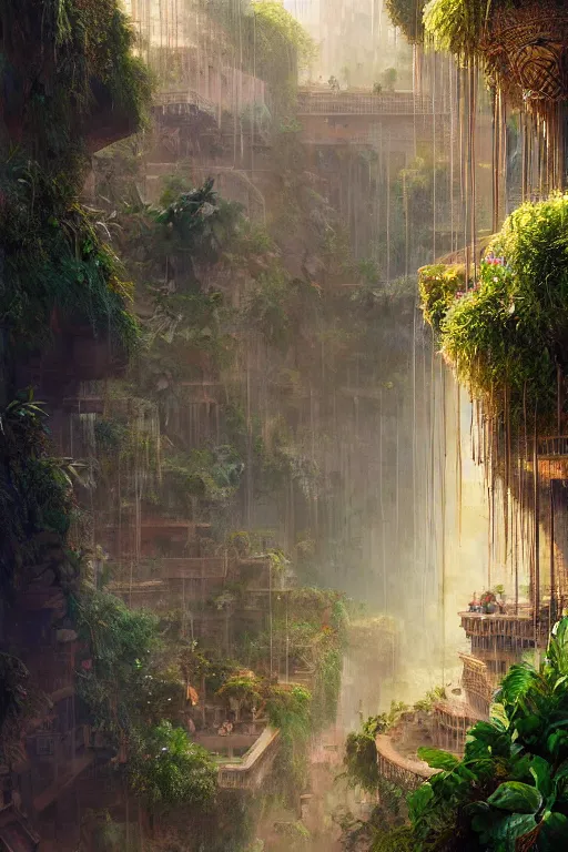 Prompt: magnificent view of the hanging gardens of babylon, intricate, elegant, volumetric lighting, digital painting, highly detailed, artstation, sharp focus, illustration, concept art, ruan jia, steve mccurry