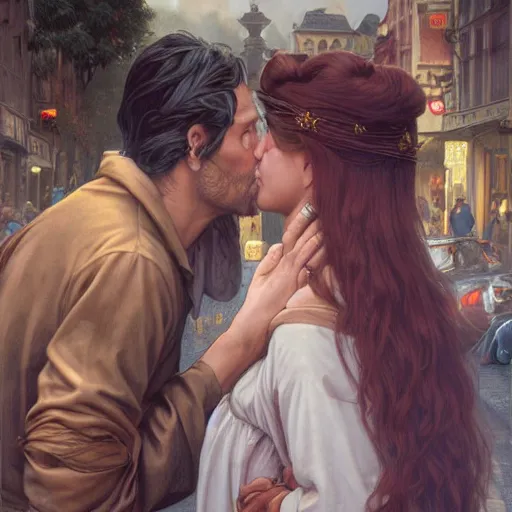 Image similar to jesus kissing a woman in a street, elegant, highly detailed, digital painting, artstation, concept art, matte, sharp focus, highly detailed, 4 k, hdr, smooth, sharp focus, high resolution, award - winning photo, photorealistic, art by artgerm and greg rutkowski and alphonse mucha, large shot