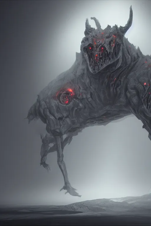 Image similar to an infernal biped creature portrait in an hell landscape, volumetric fog, concept art