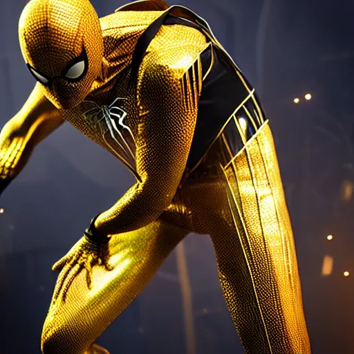 Image similar to gold spider - man suit with black web lining, cinematic, volumetric lighting, realistic, hyperdetailed, photorealistic, photograph