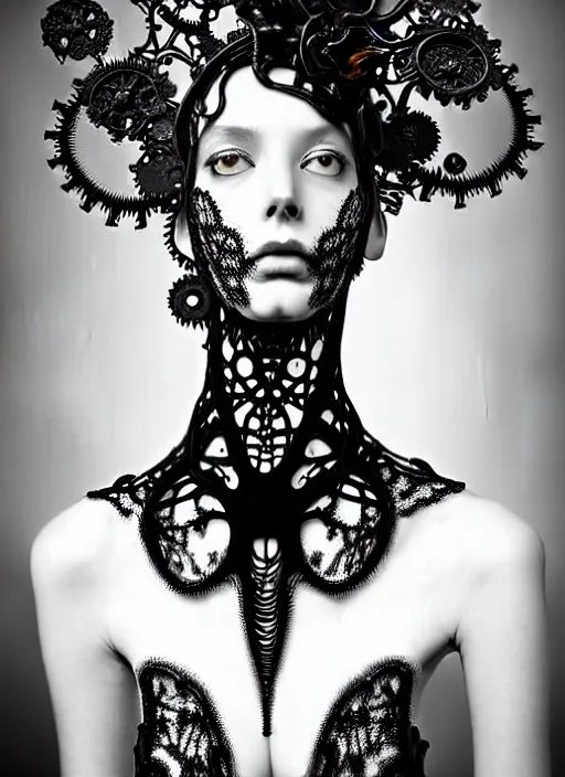 Image similar to surreal black and white photo portrait of complex bio-mechanical beautiful young female vegetal-cyborg with a Mandelbrot fractal steampunk metal fine lace face, a very long neck and a fine metal floral foliage super big lace collar by Alexander McQueen:: high fashion, haute couture, rococo, steampunk, silver filigree details, anatomical, facial muscles, cable wires, microchip, elegant, dreamy, foggy, hyper realistic, 150 mm lens, soft rim light, octane render, unreal engine, picture was taken in 1910 by Dora Maar, volumetric lighting, dramatic light,8k,