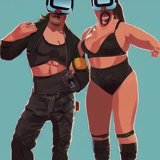 Image similar to wrestler characters wearing vr goggles, gta cover, apex legends trending on artstation, digital illustration