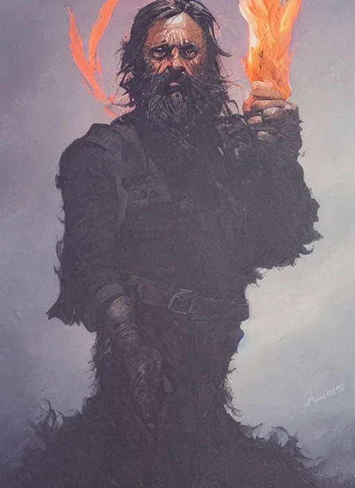 Image similar to portrait of grizzled sailor on sea of black flame, coherent! by brom, deep color, strong line, high contrast