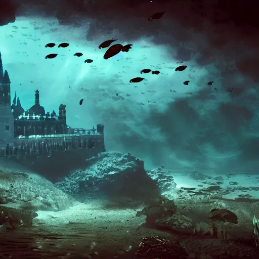 Prompt: underwater Edinburgh Castle, deep underwater, fish shoal, concept art in style of Greg Rutkowki, dynamic moody lighting, 4k, very highly detailed