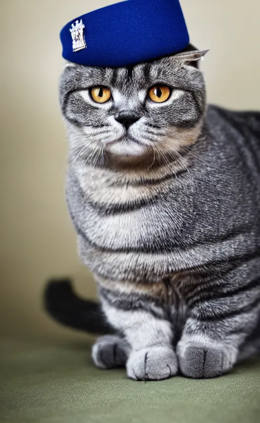 Image similar to portrait photo of scottish fold cat wearing a black military hat, blue tabby fur, highly detailed, high resolution, cosplay photo, stunning, bokeh soft, trending on instagram, by professional photographer, soldier clothing, military uniform, shot with a canon