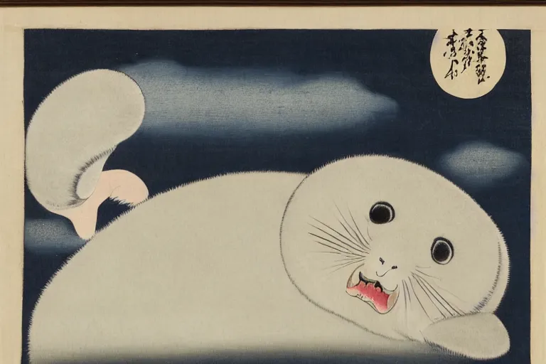 Prompt: baby harp seal as Yōkai, Japanese painting, 1800