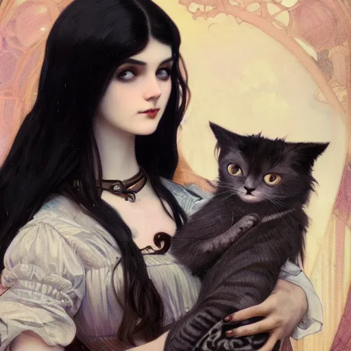 Prompt: cute goth girl with long dark hair parted sideways thick eyebrows and dark eyes, she is holding a cat in her arms, by juan villafuerte, greg rutkowski and alphonse mucha, pexels contest winner, high quality photo, rtx, hd
