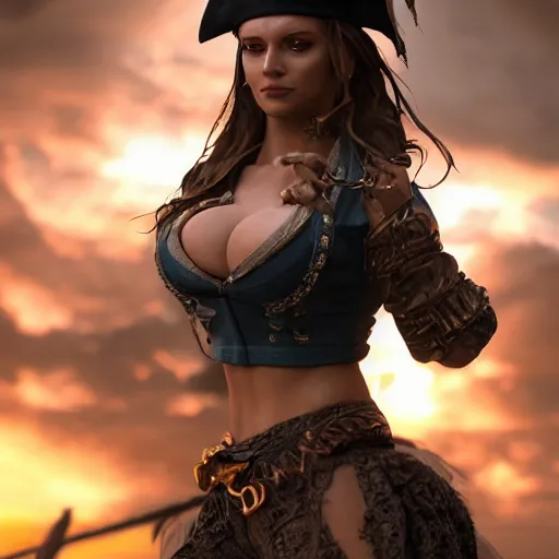 Prompt: full body pose, hyperrealistic photograph of a attractive pirate woman, dim volumetric lighting, 8 k, octane beautifully detailed render, extremely hyper detailed, intricate, epic composition, cinematic lighting, masterpiece, trending on artstation, very very detailed, stunning, hdr, smooth, sharp focus, high resolution, award, winning photo, dslr, 5 0 mm