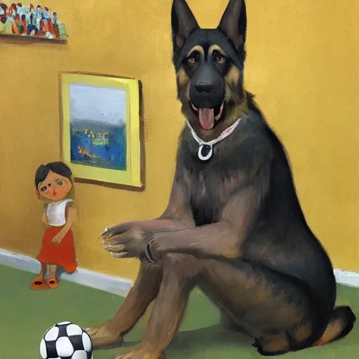 Image similar to a humanoid german shepherd beast - man, sitting and watching a soccer match in his house on television, he has hurt his knee and is a dad, by erin hanson, alexi zaitsev, karl spitzweg, award winning, tv set