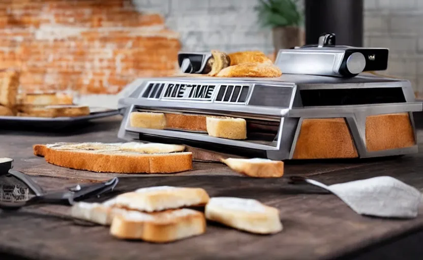 Image similar to a time-traveling delorean styled toaster with toast, bread inserted into slot, professional product shot, magazine ad