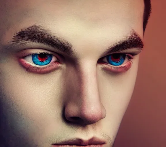 Image similar to extremely beautiful young man with hyperealistic eyes, digital art, vivid background, seductive.