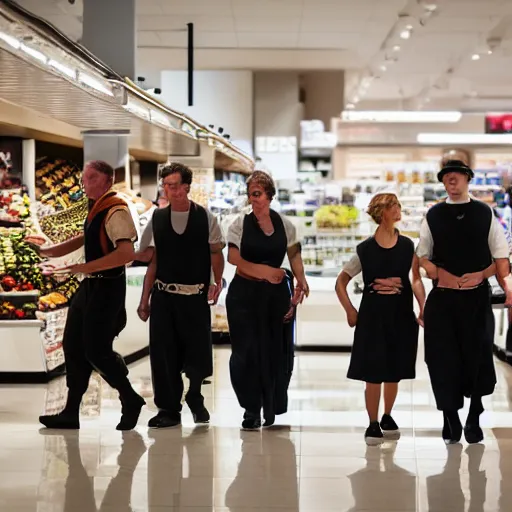 Image similar to professional photograph of a group of ancient Roman soldiers walking around inside of a contemporary grocery store, 8k, dslr, cinematic,