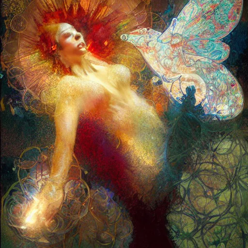Image similar to whimsically detailed spirit coming out from illuminated hands. Craig mullins. Mucha. Jodorowsky. Dave Mckean. Allan Moore. Magical.