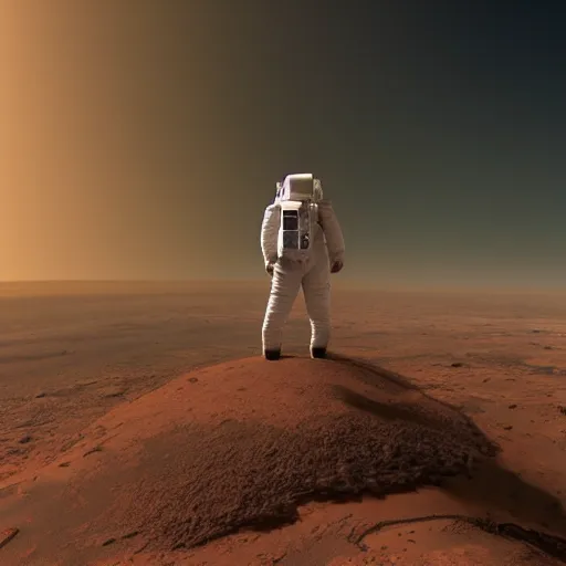 Image similar to an astronaut with their back to the camera, standing on top of a tall cliff, looking out over a civilisation on mars, cinematic, ultra realistic, 8 k, hd render