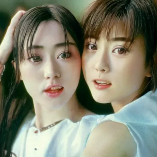 Image similar to 1990s, unbelievably beautiful, perfect, dynamic, epic, cinematic 8K HD movie shot of two semi-close-up japanese beautiful cute young J-Pop idols actresses girls, they express joy and posing together. By a Chinese movie director. Motion, VFX, Inspirational arthouse, high budget, hollywood style, at Behance, at Netflix, with Instagram filters, Photoshop, Adobe Lightroom, Adobe After Effects, taken with polaroid kodak portra