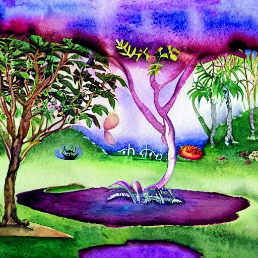 Prompt: a surreal watercolor painting of a the garden of Eden