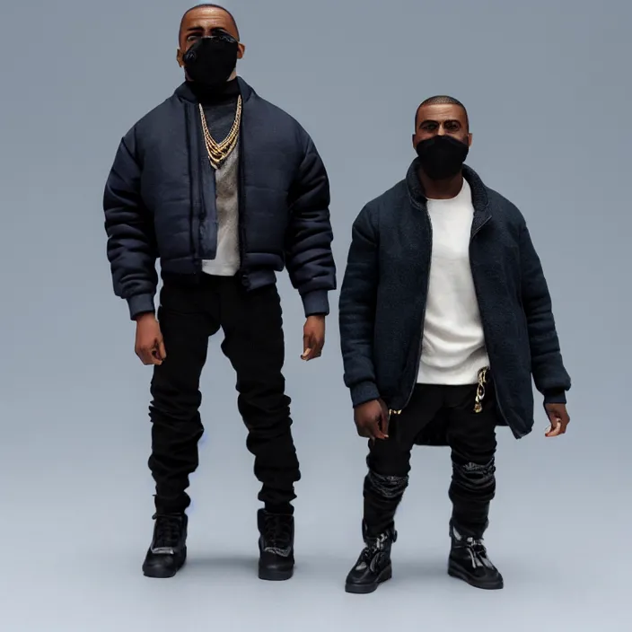 Image similar to a hot toys figure of kanye west using a full face covering black mask, a small, tight, undersized reflective bright blue round puffer jacket made of nylon, dark jeans pants and big black balenciaga rubber boots, figurine, detailed product photo