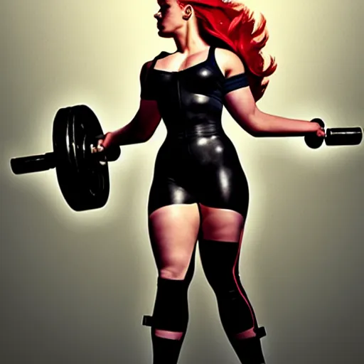 Image similar to greg manchess portrait of scarlett johansson as thick very muscular gothic weightlifter zarya from overwatch with red hair and black lipstick, fantasy medium shot, asymmetrical, profile picture, organic painting, sunny day, matte painting, bold shapes, hard edges, street art, trending on artstation, by huang guangjian and gil elvgren and sachin teng