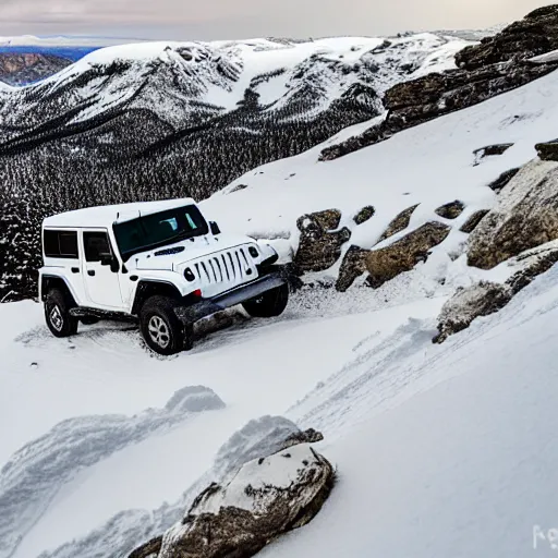 Image similar to white jeep wrangler driving up snow covered mountain on edge of a cornice, dramatic lighting, cinematic, photo realism