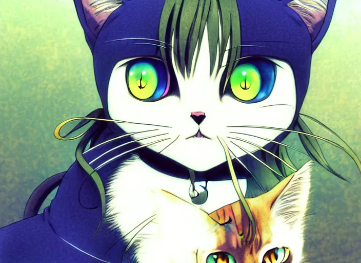 Image similar to anime visual of a cute cat, with green eyes!!!!, high quality detailed anime, cel shaded, digital art by last exile murata range blue submarine no 6, hd, ambient light