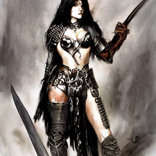 Image similar to portrait of a goth emo girl wearing armor and holding sword by frank fazetta simon bisley, fantasy, barbarian