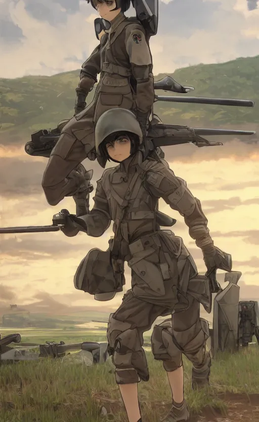 Image similar to panoramic view, girl, soldier clothing, battlefield in background, anime style, short hair, hair down, realistic anatomy, symmetrical facial features, from arknights, hyper realistic, 4 k, rule of thirds, extreme detail, detailed drawing, safebooru, realistic lighting, by alphonse mucha, greg rutkowski, sharp focus, backlit