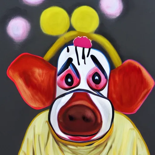 Prompt: cow dressed as a clown