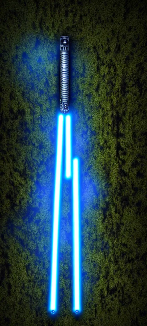 Image similar to detailed cinematic render, of a blue cyberpunk lightsaber lying vertically on a detailed forest floor, in a dark room, photo from above, octane render 8 k, digital art, lightsaber wallpaper 4 k, ray tracing, jedi fallen order lightsaber wallpaper 4 k, cal kestis lightsaber wallpaper