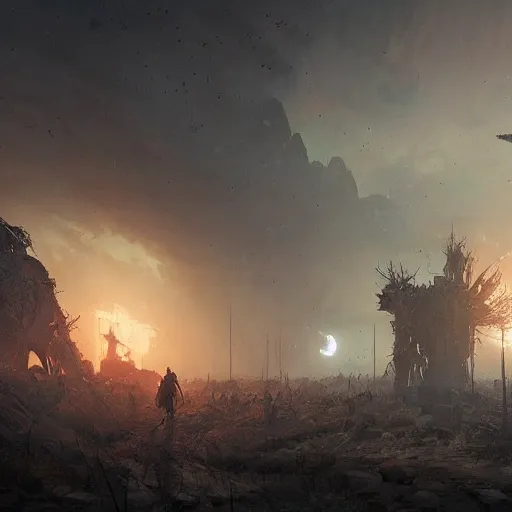 Prompt: few people in a post apocalyptic earth as seen by greg rutkowski, dark theme, enchanted, warm colors, high quality, waw, trending on artstation