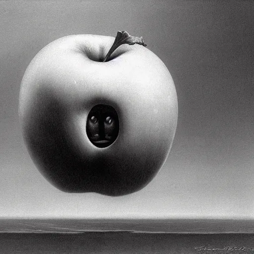 Prompt: An apple with eyes by Zdzisław Beksiński